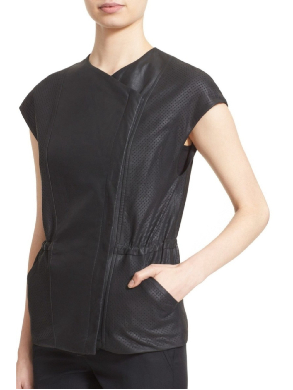 Vince Perforated Lambskin Leather Vest Asymmetrical Large
